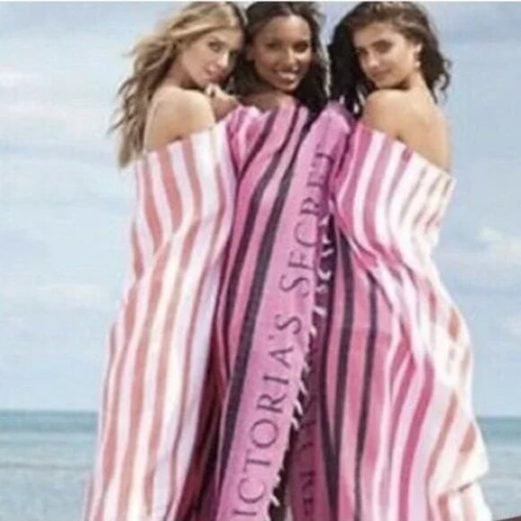Victoria's Secret Striped Black and White pink Beach towel - Picture 1 of 5